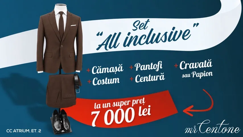 Set All inclusive Mr Centone: costum, cămașă, pantofi, curea și cravată
